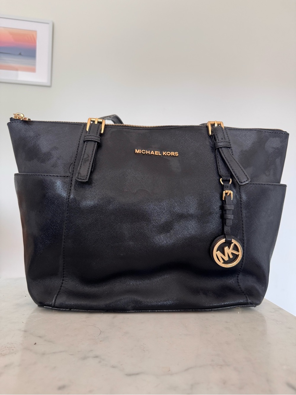 Michael Kors Black Leather Tote with Gold Accents